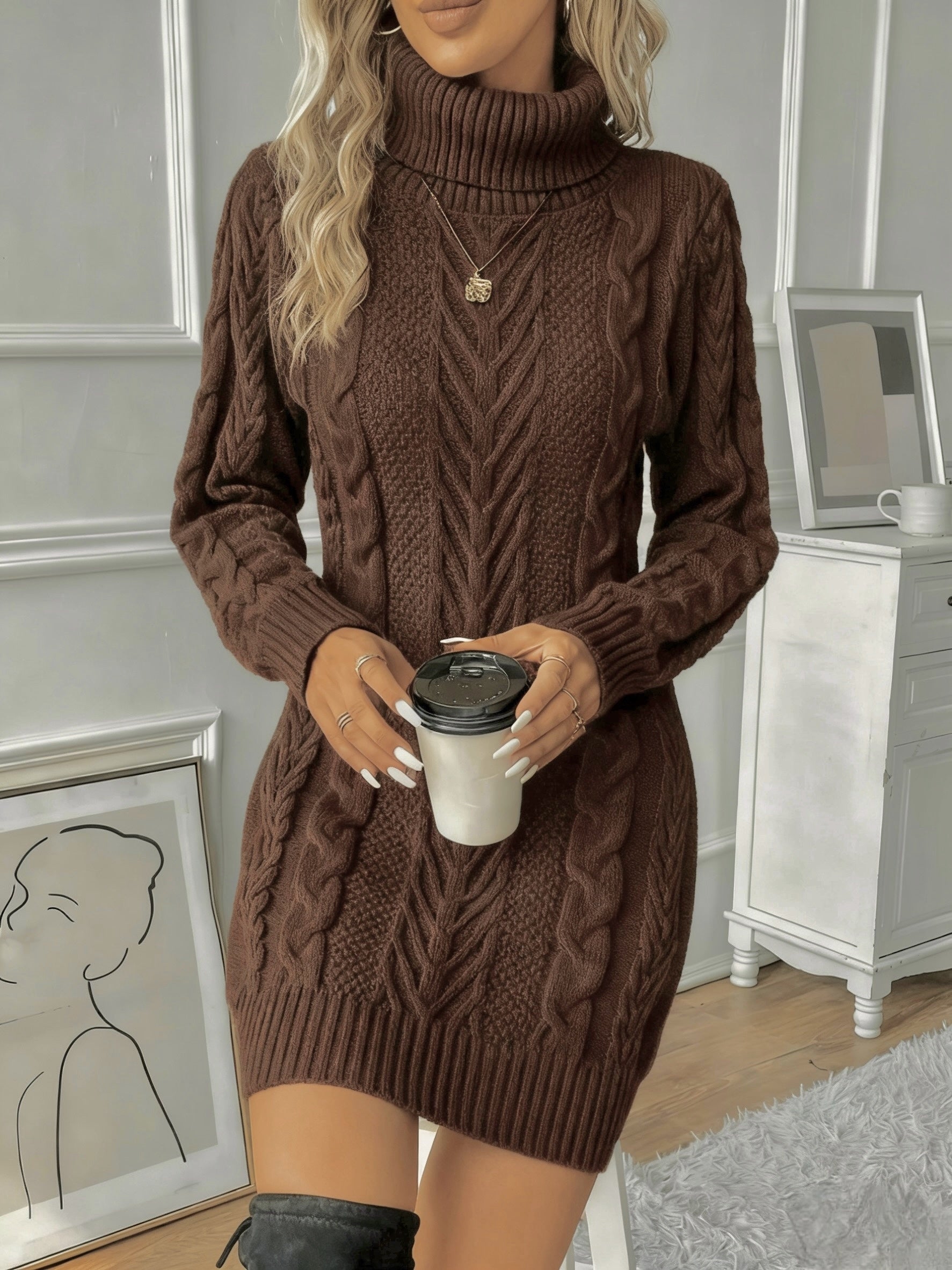 Women's Cable Knit Sweater Dress - High Neck Rib-Knit Long Sleeve Fall/Winter