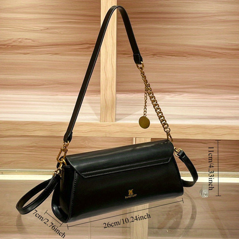 White French Baguette Crossbody Bag for Women — Gold-Tone Chain & Removable Shoulder Strap, Magnetic Closure, Split Leather