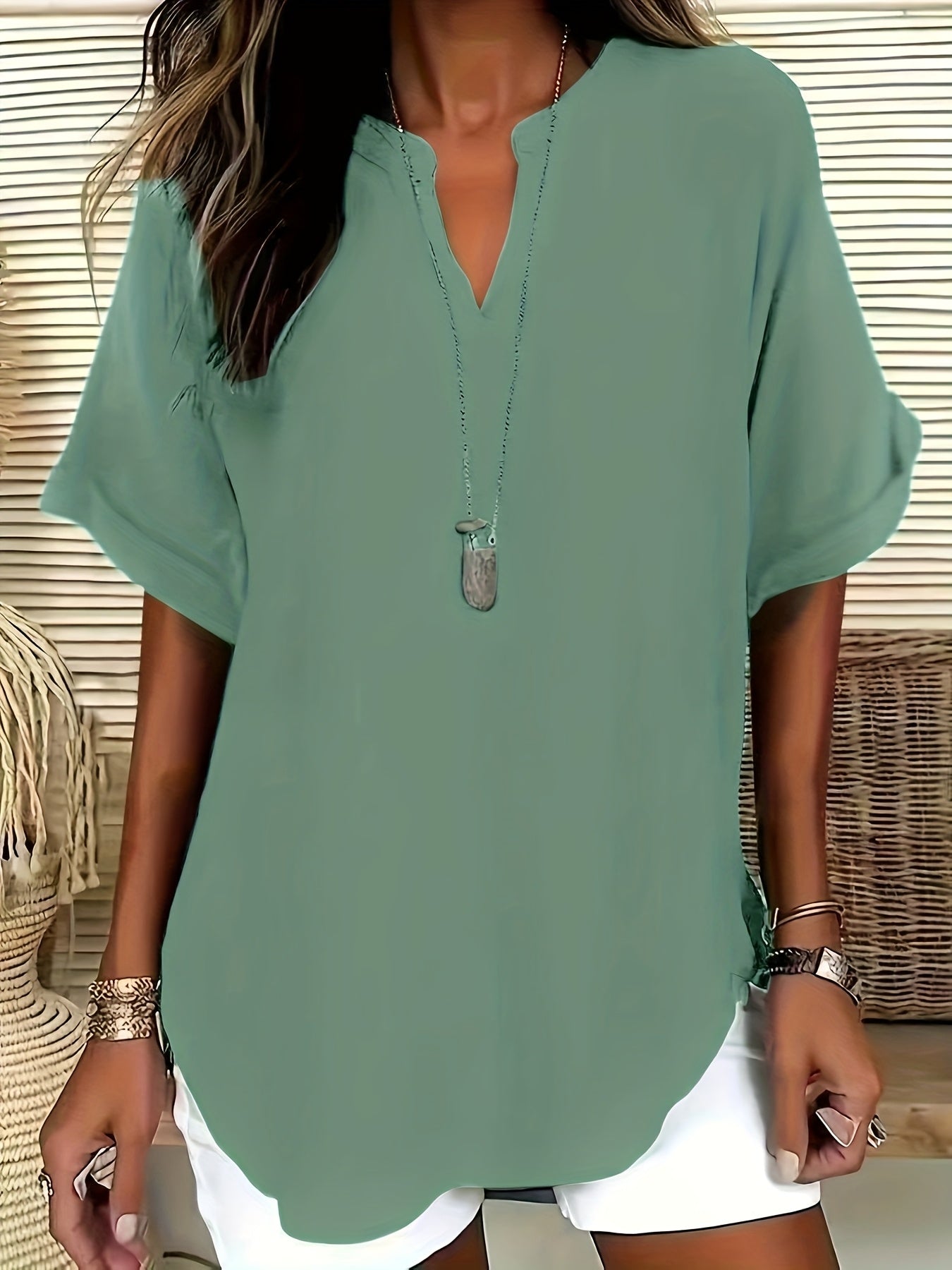 Plus Size V-Neck Blouse - Women's Short Sleeve Loose Batwing Top with Flared Hem, Stretchy Casual Shirt