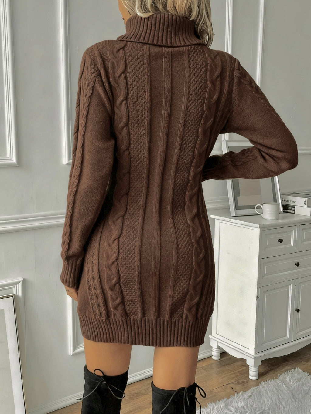 Women's Cable Knit Sweater Dress - High Neck Rib-Knit Long Sleeve Fall/Winter
