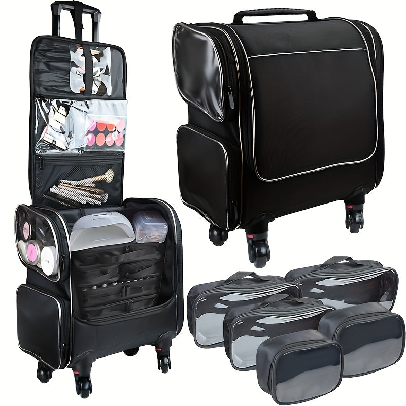 Rolling Cosmetic Case with 360° Wheels — Multi-Compartment Nylon Travel Makeup Organizer