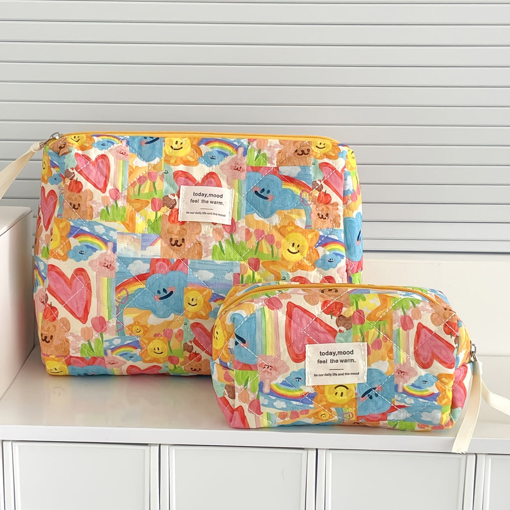 Cute Pastel Makeup Bag for Women - Faces, Hearts & Bears Cosmetic Pouch with Zipper, Lightweight Travel Toiletry Case