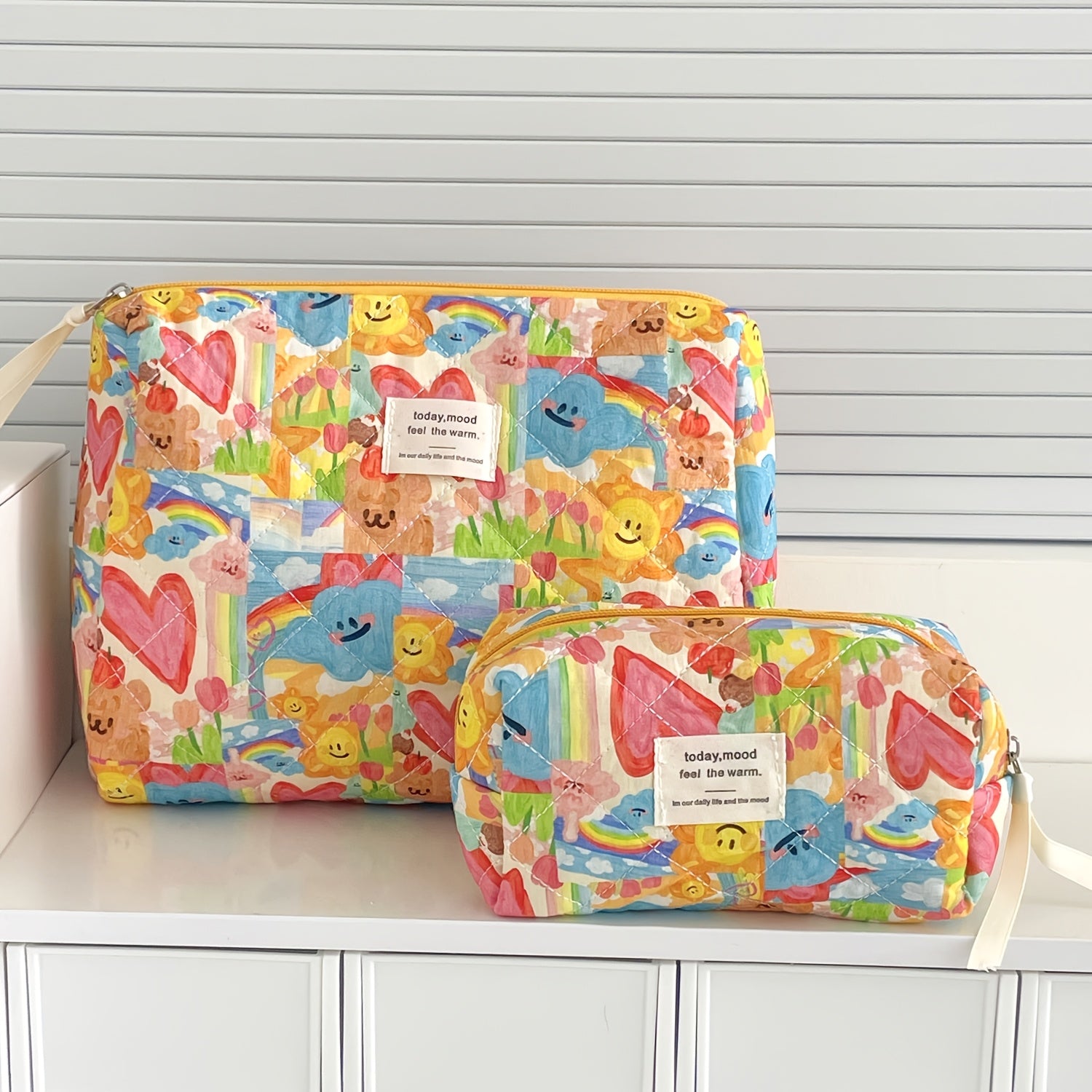 Cute Pastel Makeup Bag for Women - Faces, Hearts & Bears Cosmetic Pouch with Zipper, Lightweight Travel Toiletry Case