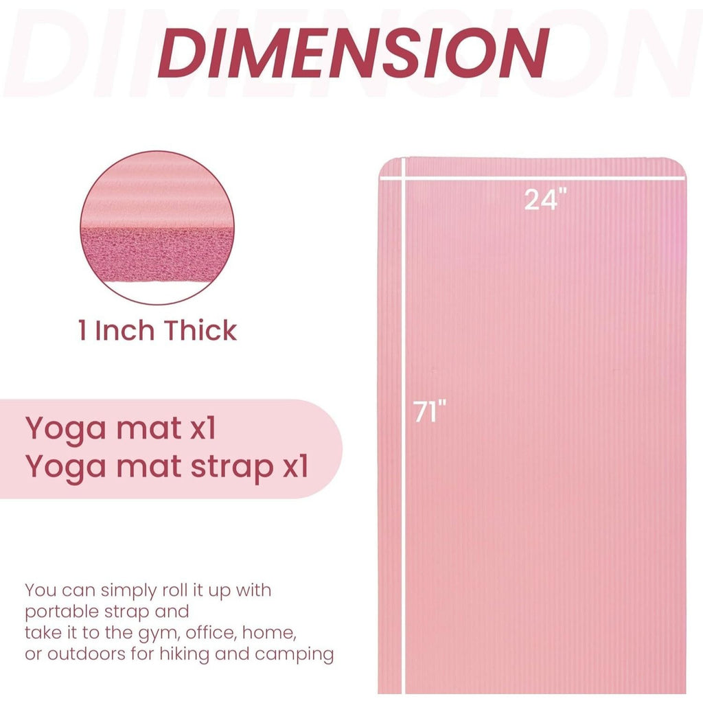 BalanceFrom 1" (25 mm) Extra Thick Yoga Mat - 71 in x 24 in (180 x 61 cm) High-Density Non-Slip Pilates & Exercise Mat with Carry Strap