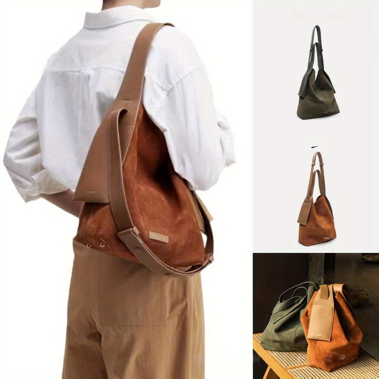 Genuine Leather Crossbody Bucket Bag - Olive Green & Caramel Tan Suede Lining, Ear-Hook Buckle, Single Shoulder Strap