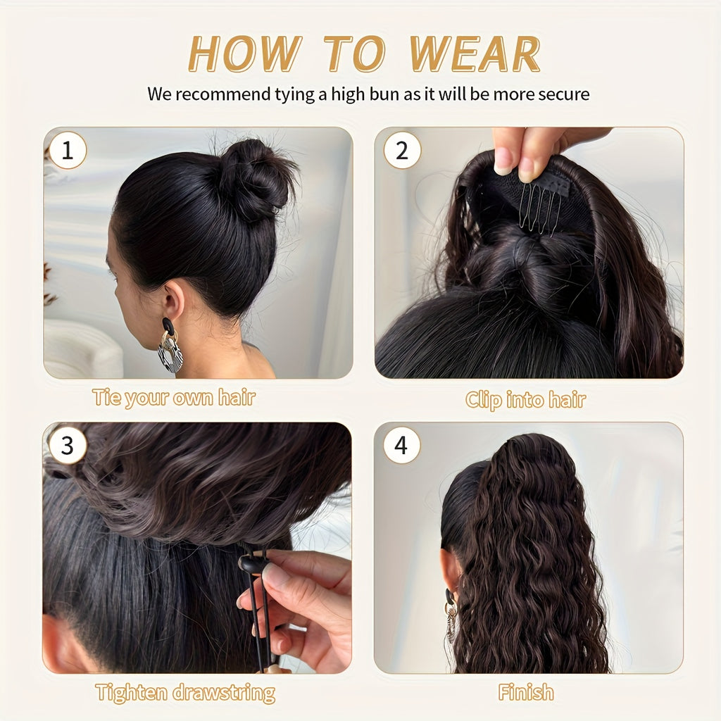 20" (50 cm) Deep Wave Drawstring Ponytail Extension – Clip-In Synthetic Hair in Burgundy, Red, Black, Brown, Blonde