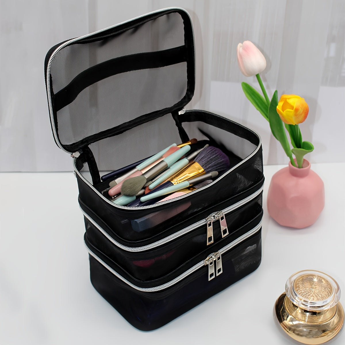 Large Capacity Nylon Multi-Layer Makeup Bag Organizer, Mesh Cosmetic Pouch for Travel & Home, Portable Unisex