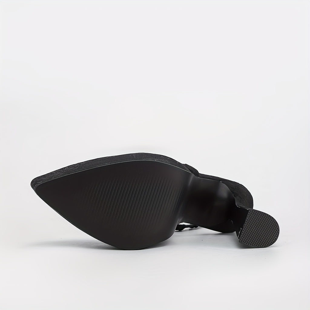 Women's Embroidered Pointed-Toe Block Heel Sandals, Thick Platform, Bungee Closure, Breathable Fabric Upper - Black Dress Heels