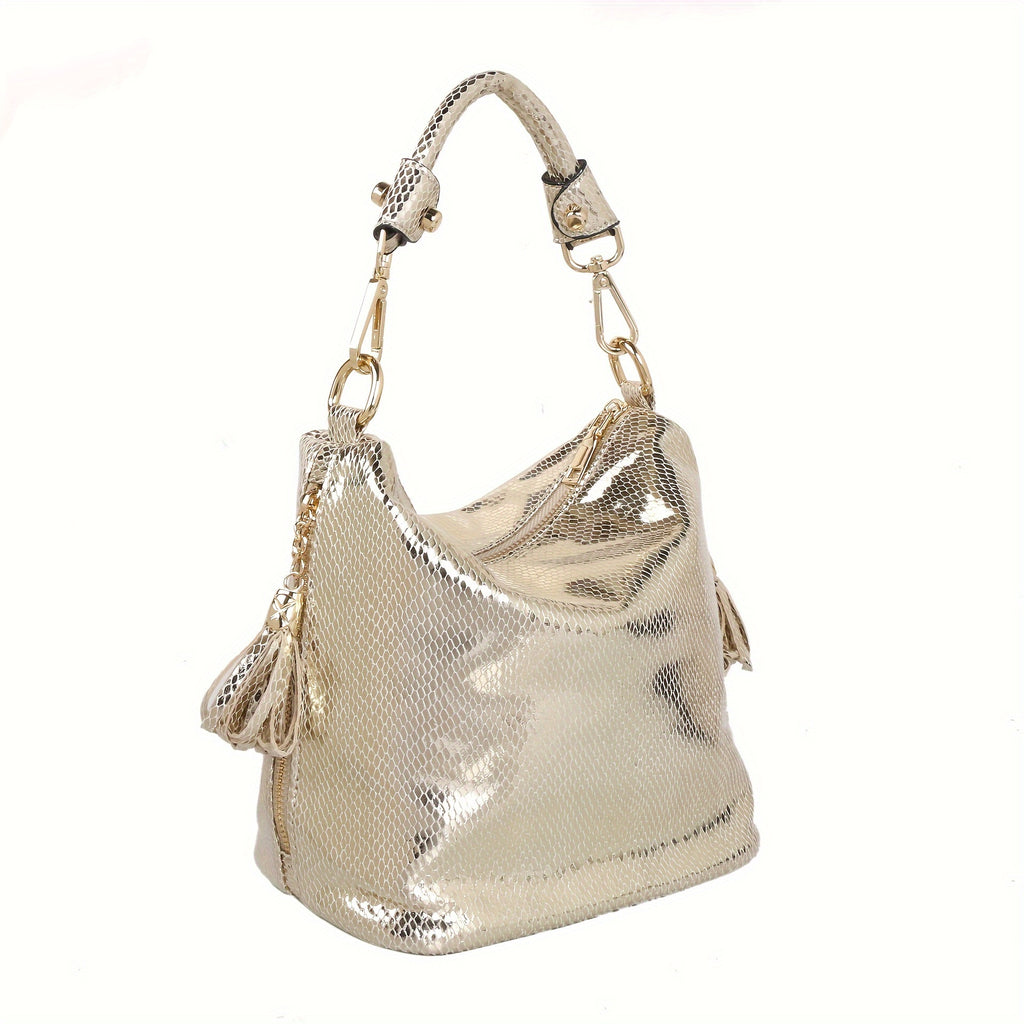 Snakeskin Faux Leather Shoulder Bag for Women - Adjustable Strap Tassel Zippered Handbag Black and Gold
