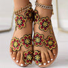 Women's Floral Flat Sandals Faux Pearl Toe Loop Slip-On Beach & Casual Travel Shoes