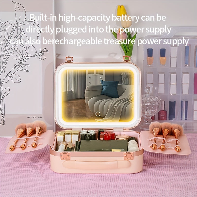 LED Lighted Rechargeable Travel Makeup Train Case with Mirror — Cosmetic Organizer for Women, USB Charging, 2000mAh