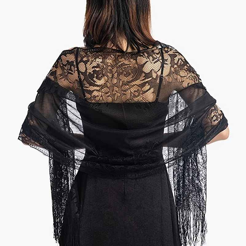 Floral Lace Tassel Scarf Shawl for Women - Bridal Mesh Fringe Wrap for Wedding & Evening
