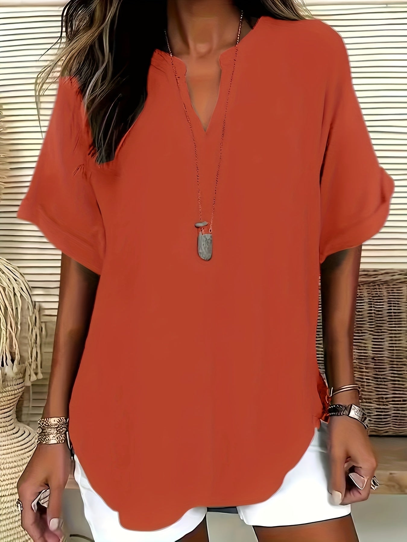 Plus Size V-Neck Blouse - Women's Short Sleeve Loose Batwing Top with Flared Hem, Stretchy Casual Shirt