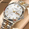 Dianpai Women's Automatic Mechanical Watch — Calendar & Week Display, Luminous Night Glow, Rhinestone Accents, Stainless Steel Bracelet, White Dial with Gold Markers