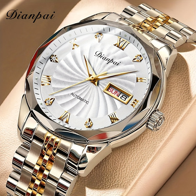 Dianpai Women's Automatic Mechanical Watch — Calendar & Week Display, Luminous Night Glow, Rhinestone Accents, Stainless Steel Bracelet, White Dial with Gold Markers