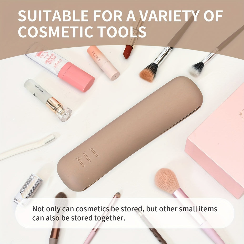 Beige Silicone Travel Makeup Brush Holder - Magnetic Closure, Anti-Fall Portable Makeup Brush Organizer