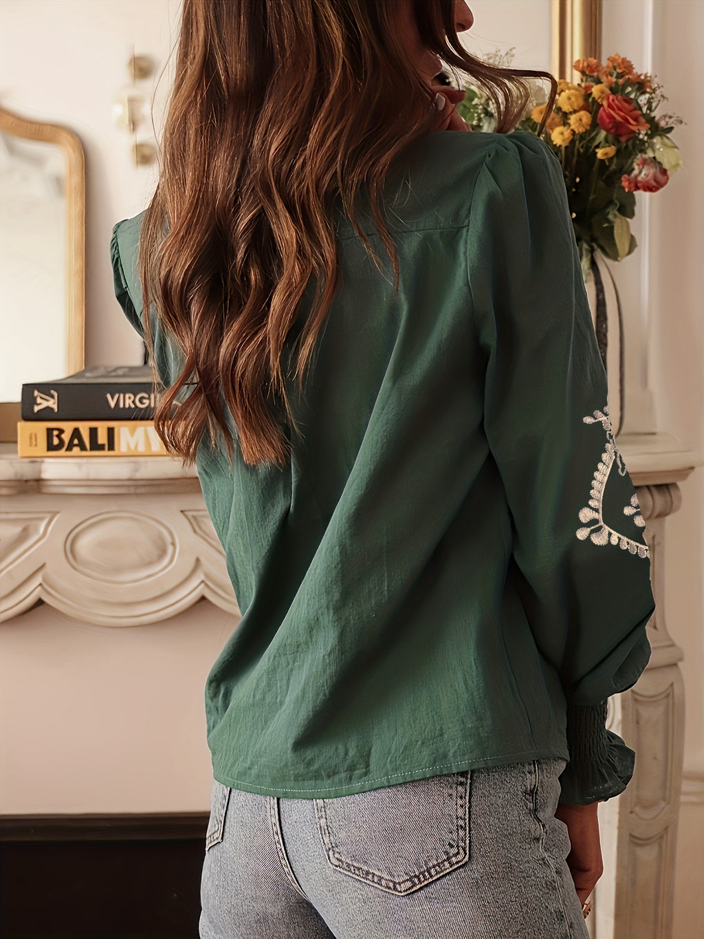 Women's Floral Embroidered Blouse — Green & White Color-Block Stand Collar with Lantern Sleeves