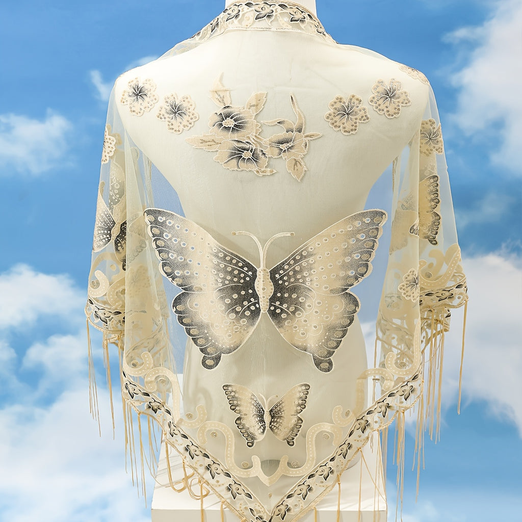 Breathable Embroidered Triangle Scarf 29.5 in x 55.1 in (75 x 140 cm) Lace Tassel Shawl Wrap