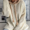Women's Oversized Hooded Knit Sweater - Cozy Acrylic Pullover with Drawstring Hood, Long Sleeve, Black with Cream Accents