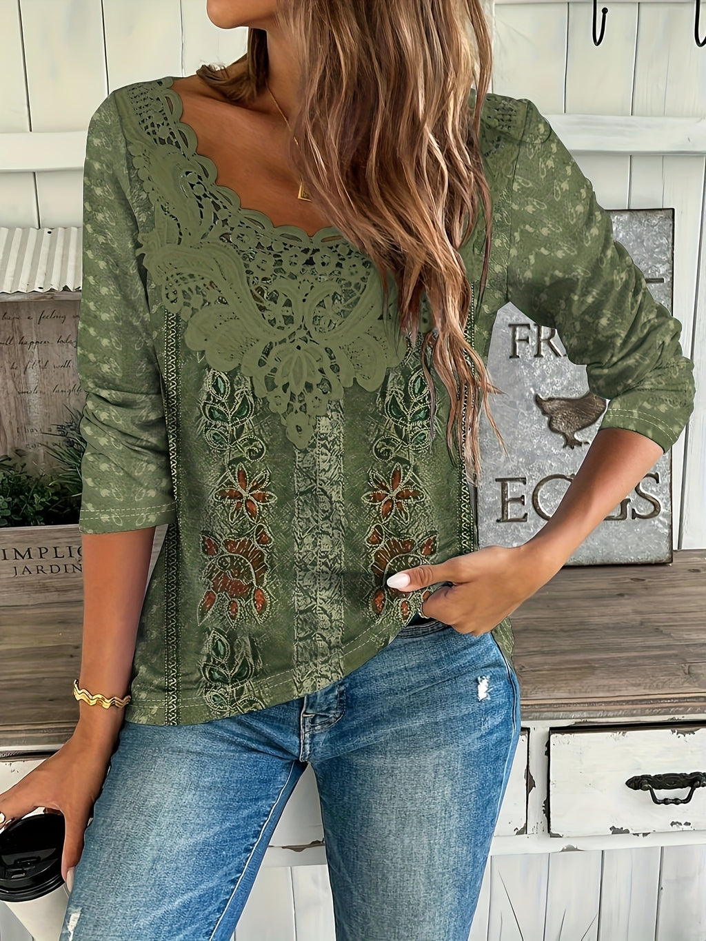 Women's Floral Long Sleeve Lace-Collar Tee — Elegant Spring & Fall Knit Top