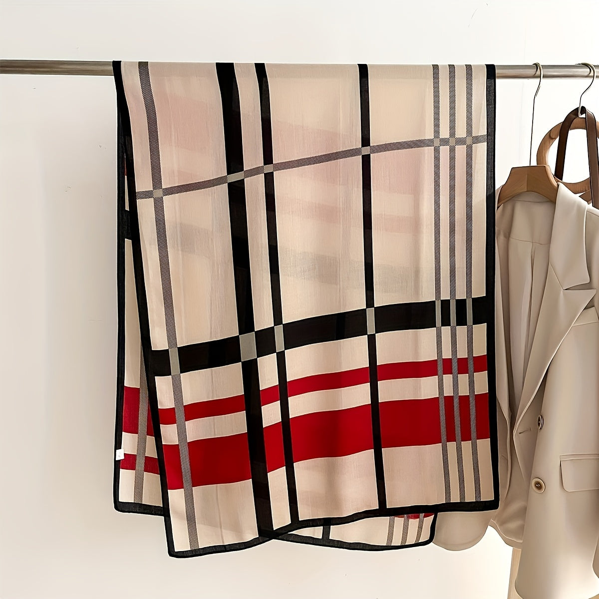 Color Block Striped Scarf for Women - Soft Warm Faux Shawl Wrap in Red Polyester