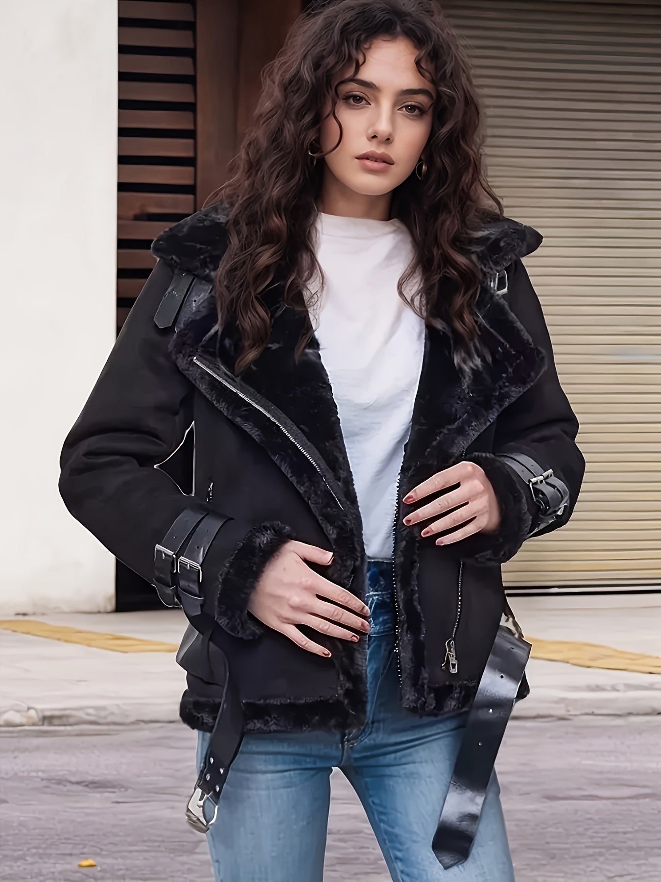 Women's Brown PU Leather Bomber Jacket with White Faux Fur Trim – Zip-Up Motorcycle Style, All-Season Casual Coat