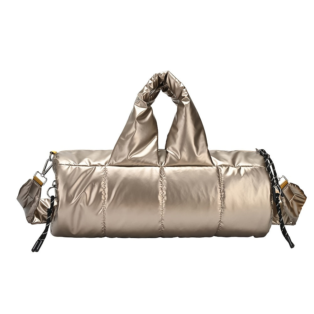 Quilted Puff Bucket Shoulder Bag Large Capacity PU Handbag with Detachable Strap Gold-Tone Hardware Zipper Closure Champagne Black Silver Blue