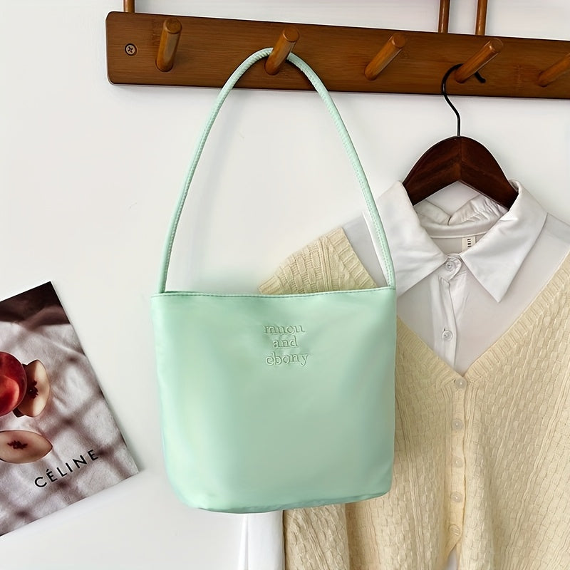 Women's Nylon Underarm Crossbody Bucket Bag – Embroidered Single Shoulder Handbag (Black, White)