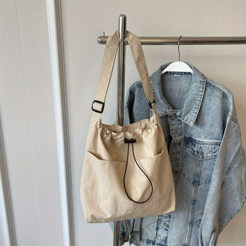 Women's Casual Crossbody Bucket Bag – Adjustable Strap & Drawstring Closure, Nylon-Style Minimalist Tote for Travel, Gym & Everyday (White, Black, Green, Dark Brown)