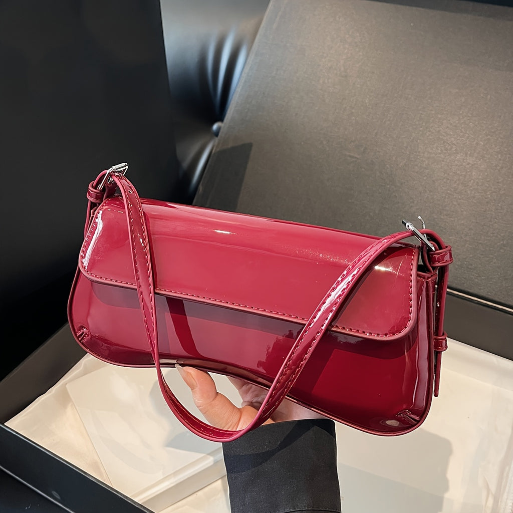 Burgundy PU Baguette Shoulder Bag - Adjustable Strap, Magnetic Closure, Two-Tone Hardware, Glossy Purse for Office & Date Night