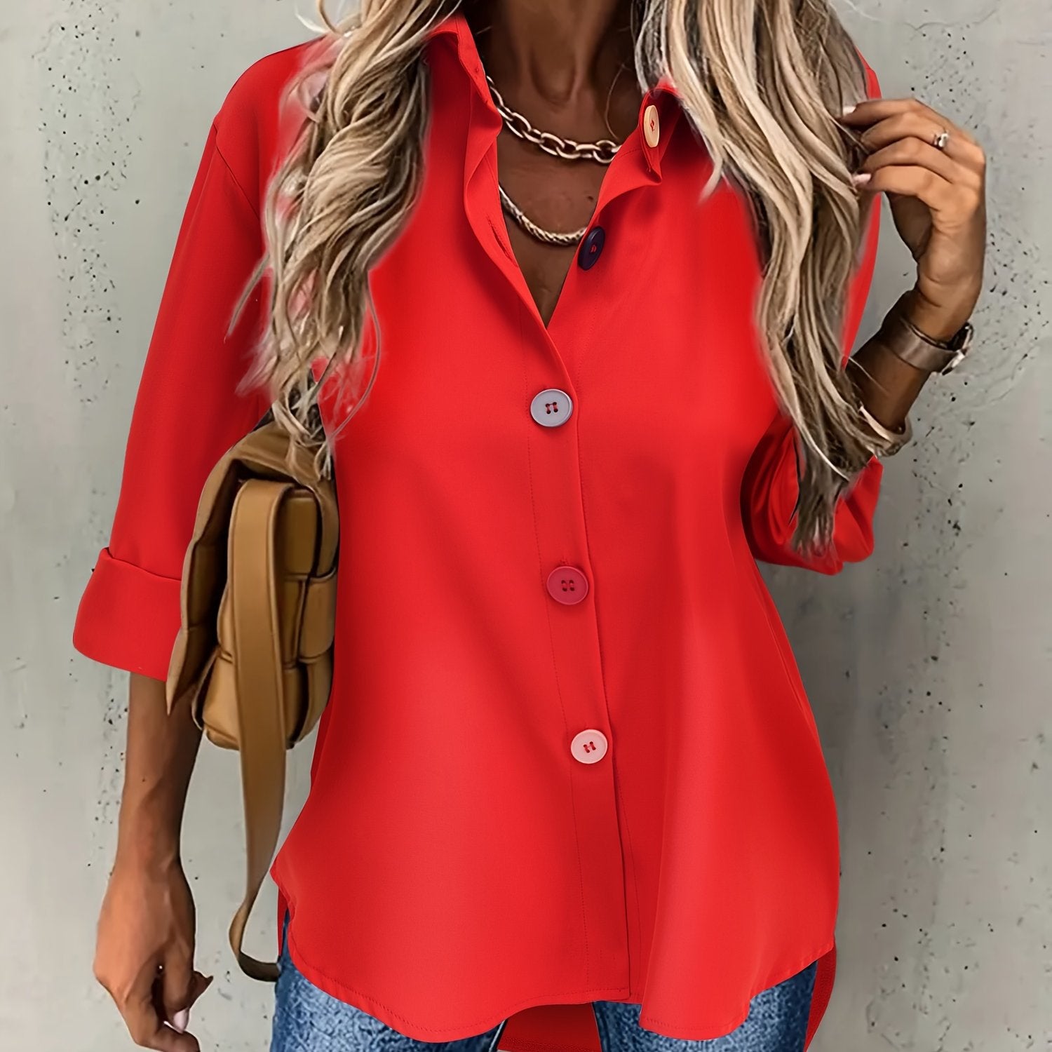 Women's Elegant Button-Front Blouse - Lapel Collar, Machine Washable All-Season Office & Casual Shirt - Green