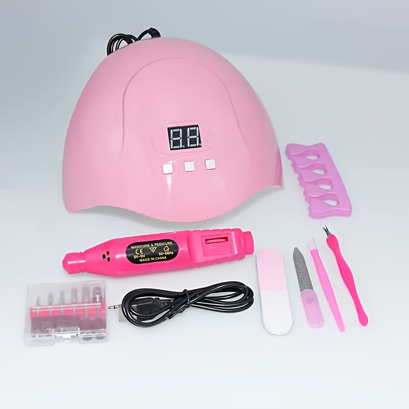 7-in-1 Nail Care Kit – LED Gel Nail Lamp, USB Nail Drill, Cuticle Pusher, Nail File & Toe Separators – Pink
