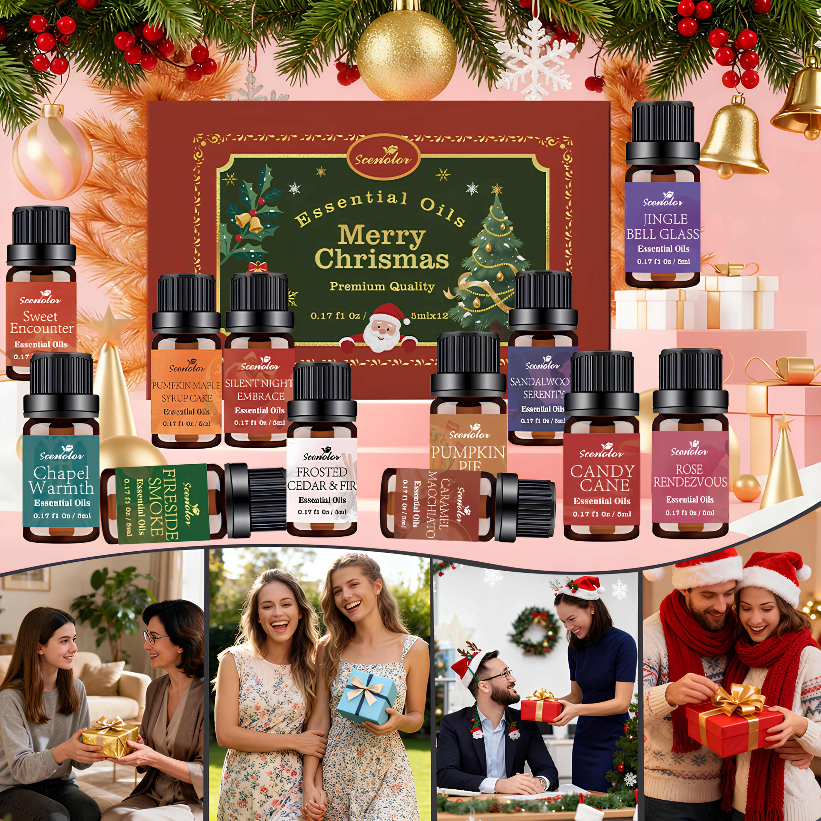 12-Pack Holiday Essential Oils Set 0.17 fl oz (5 ml) Bottles — Cinnamon, Gingerbread, Christmas Tree, Pumpkin Cake, Sandalwood, Fireside | Aromatherapy Oils for Diffusers, Humidifiers & Candle Making