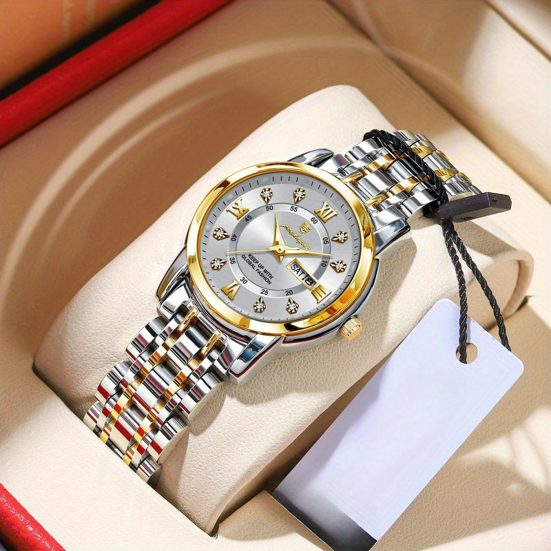 POEDAGAR Women's Elegant Mechanical Watch - Round Dial, Gold-Tone Hands, Stainless Steel Bracelet, Dual Day & Month Display, Jewelry-Style Wristwatch for Everyday & Formal Wear