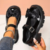 Women's Thick-Soled Mary Jane Loafers with Bow Buckle, Chunky Heel Lace-Up, Plus Size