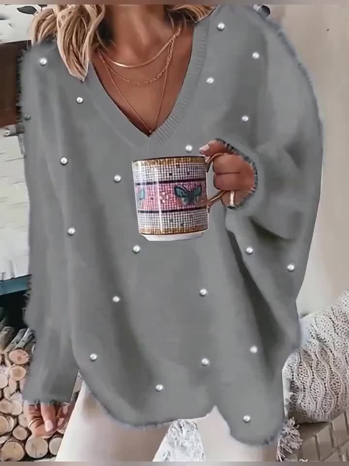 Plus Size V-Neck Sweater – Yellow Geometric Knit with Pearl Buttons & Fleece-Lined Cuffs, Asymmetrical Hem