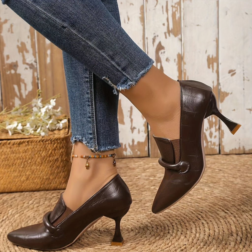 Women's Black Mary Jane Pointed-Toe Pumps, 8 cm (3.15 in) Mid Heel, Non-Slip PU Sole