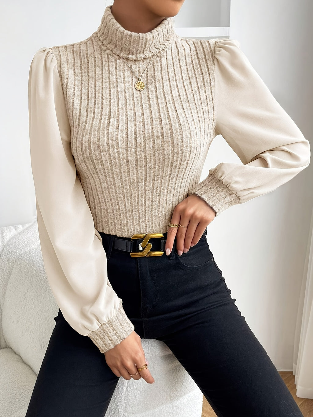 High-Neck Puff Sleeve Blouse for Women - Elegant Solid Color Top