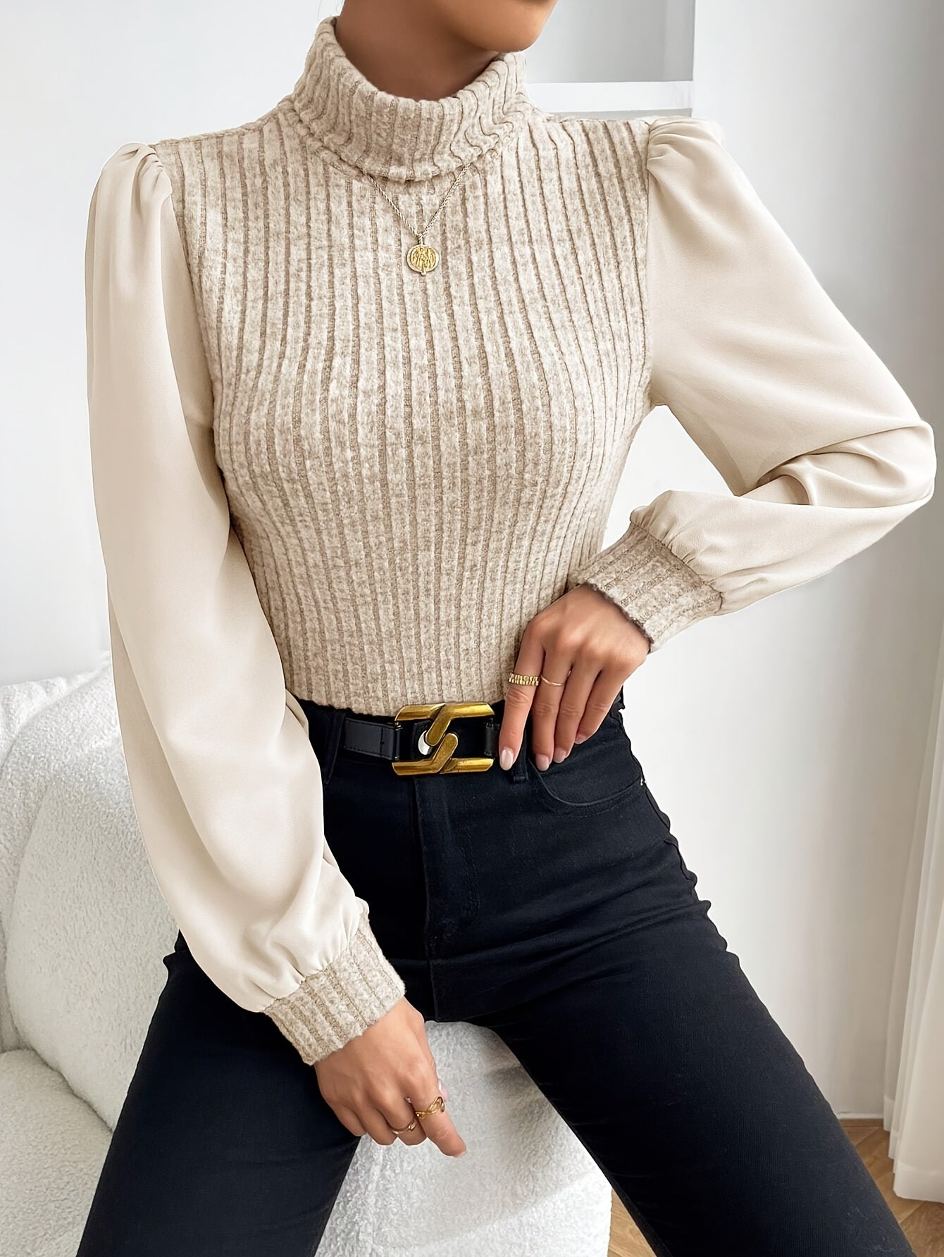 High-Neck Puff Sleeve Blouse for Women - Elegant Solid Color Top