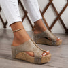 Women's Vintage Wedge Sandals Open-Toe Slip-On with Thick Rubber Sole and Rivet Detail (Brown/Beige)