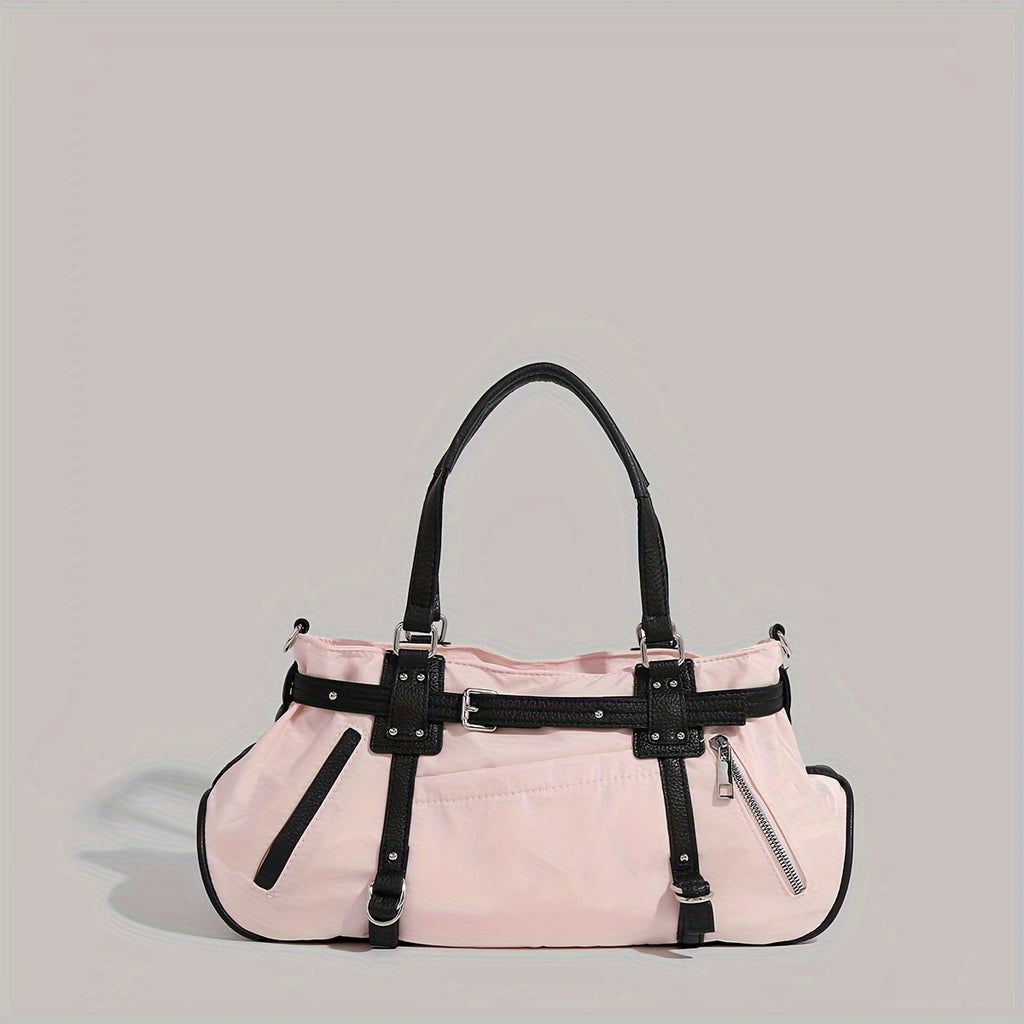 Trendy Underarm Baguette Bag - Black Hippie Shoulder Purse with Removable Strap and Zipper Closure