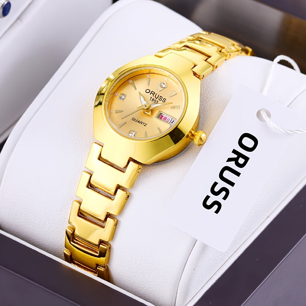 ORUSS Women's Mechanical Watch - Gold Dial with Date, Stainless Steel Bracelet - Elegant Luxury Timepiece