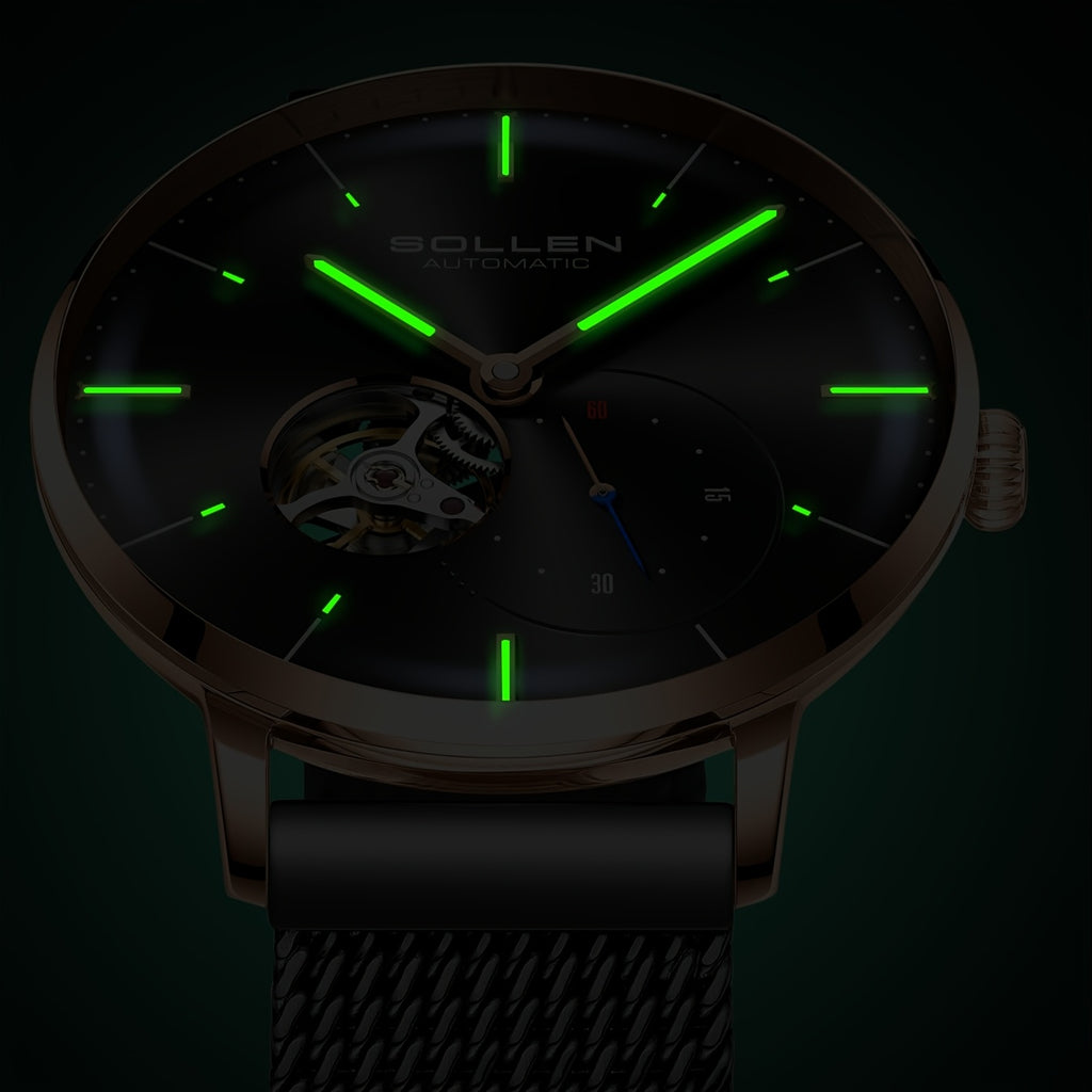 SOLLEN Automatic Mechanical Unisex Watch – Stainless Steel Round Case, Black Dial, Luminous Hands, Business Casual