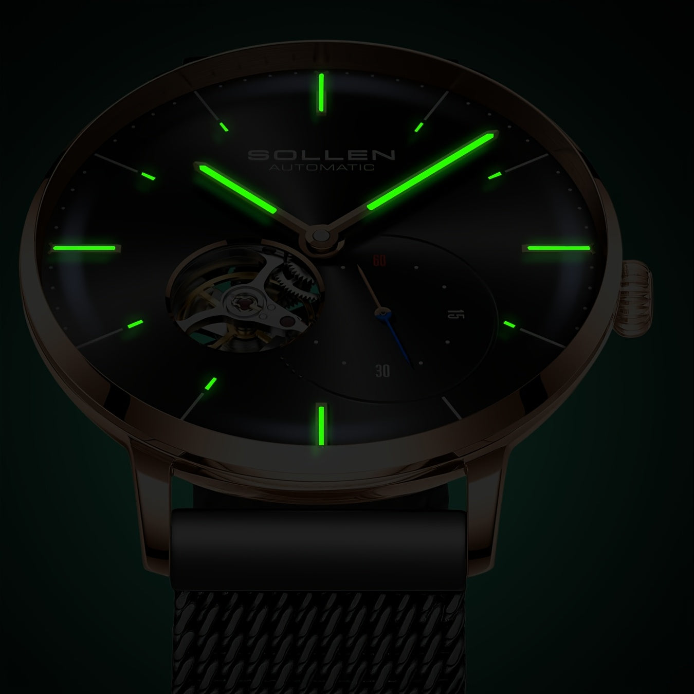 SOLLEN Automatic Mechanical Unisex Watch – Stainless Steel Round Case, Black Dial, Luminous Hands, Business Casual