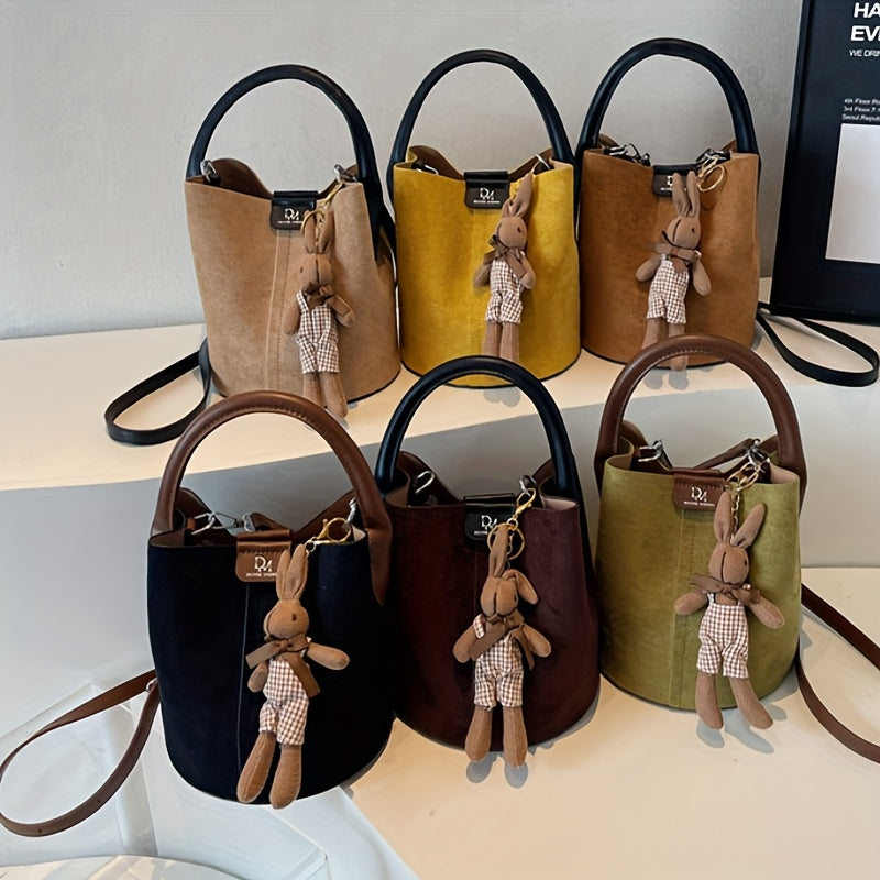 Women's Felt Bucket Bag – Adjustable Crossbody Purse with Magnetic Closure & Gold-Tone Hardware | Khaki, Dark Brown, Green, Yellow, Black