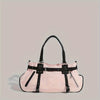 Retro Grunge Shoulder Bag for Women - Detachable Strap, Zipper Nylon Baguette Purse in Bright Pink/Black with Oil-Tanned Trim & Metallic Hardware
