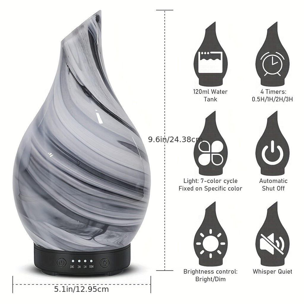 Handmade 4.06 oz (120 ml) Glass Essential Oil Diffuser — Soundwave Technology, 4 Timer Settings, 7-Color LED, USB Powered, Waterless Auto-Off, Blue & White Swirl