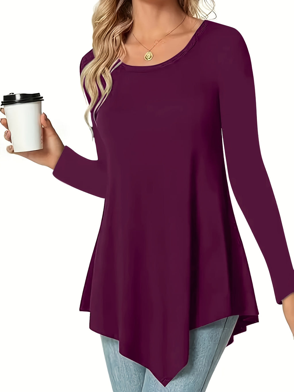 Women's Long Sleeve Peplum Top - Relaxed Fit Crew Neck Casual Blouse for Spring, Summer & Fall