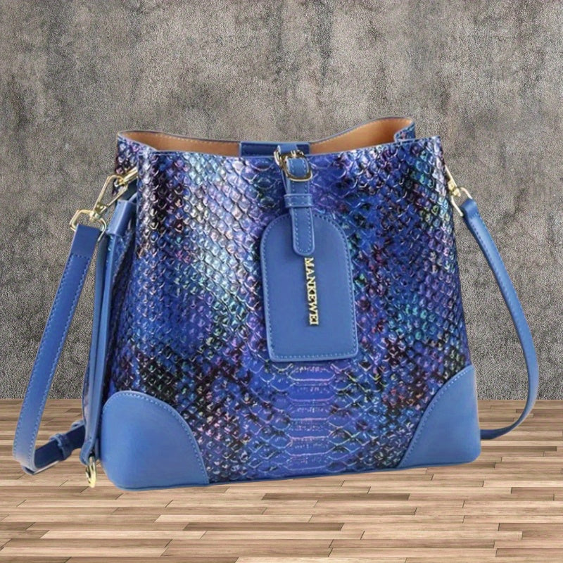 Women's Snake-Print Split Leather Crossbody Bucket Bag - Large Capacity, Adjustable Strap & Buckle Closure (Red, Khaki, Yellow, Blue, Green)
