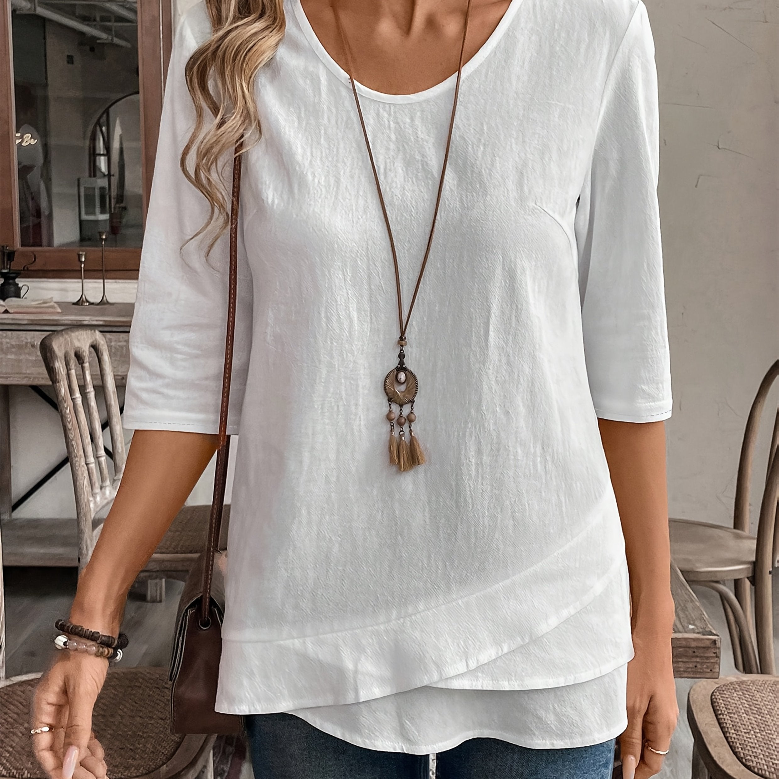 Women's Blue Asymmetrical Hem 3/4 Sleeve Top – Round Neck Pullover Blouse, Regular Fit, All-Season Casual